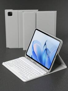 TenYide Magnetic Adsorption Leather Case With Pen Holder Compatible With IPad Series/ Galaxy Tab A9+, Supports Bluetooth Magnetic Detachable Keyboard, Multi-Color Options, Light Gray - Grey - View 3