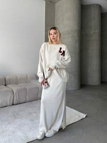 Button Detailed Skirt Set, Solid Color Casual Split Ribbed Button Co-Ord Set For Home Wear - White - View 3