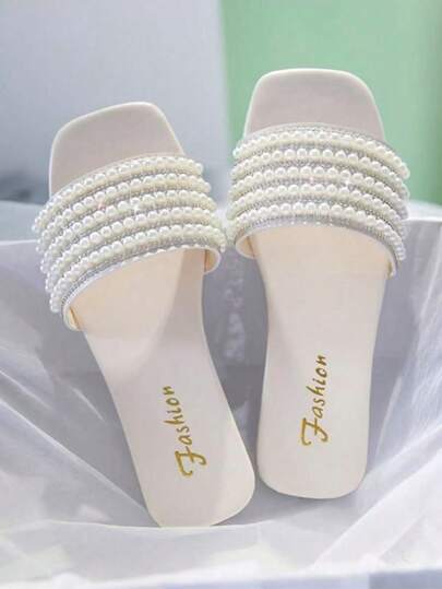 Plus Size Women Student Sandals Slip-On Flats Summer New Silver Square Toe Ladies Sandals Rhinestone Non-Slip Soft Bottom Strap Slides, Fashion Wear With Dress, Suitable For Beach, Preferred By Matron