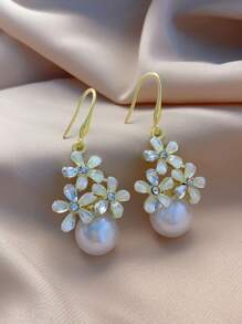 1 paire de boucles d'oreilles élégantes aux fleurs géométriques, incrusté de verre artificiel et de faux perles. Design de style français de luxe, convenant aux femmes pour des tenues formelles, des fêtes, les vacances et la rentrée scolaire