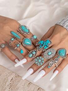 52pcs/42pcs/13pcs/12pcs/11pcs/10pcs/6pcs Bohemian Vintage Western Cowgirl Multi-Element Cactus Leaves Devil's Eye Rings Set, Suitable For Women, Birthday, Vacation, Party, Versatile