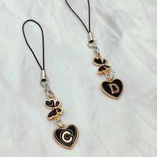 1pc Metallic Heart & Alphabet Letter A-Z Charm Phone Pendant - Black - View 3