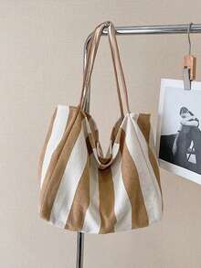 Women Striped Shoulder Bag Simple Carrying Bag Large Capacity Stylish Shoulder Purse Casual Shopping Bag Canvas Commuting Bag Summer Stripe Canvas Tote Bag Female Casual Large Capcity Handle Bag Simple Shoulder Bags Shopping Handbag Daily Totes Bag - Khaki - View 5