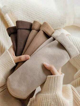3 Paar Damen Schneesocken in Kaffeefarbe, Mid-Crew Socken in Unifarbe mit Fleecefutter für Herbst/Winter, warme verstärkte Haussocken, einfach und vielseitig, bequem für Skifahren, Zuhause und den täglichen Gebrauch