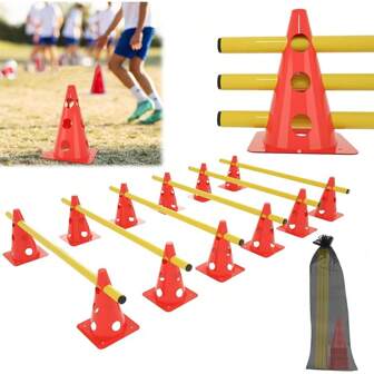 Pro Agility Training Set W/ 3-Height Adjust (6/14/23cm) | 12 Cones + 6 Poles For Football/Tennis/Dog Training | Compact Foldable Design | Speed & Jump Drills | Horse Riding Handball Ready | Stadium-Grade Durability
