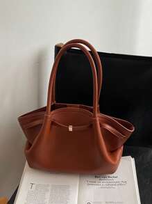 1pc Ladies Retro Solid Color PU Leather Shoulder Bag, Large Capacity Handbag With Double Handles And Snap Closure, Suitable For Travel, Shopping, Dating, Gifts For Women, Fit For Teenagers, College Students, Beginners And Office Ladies, Great For Office, School, Work, Business, Commuting, Outdoor, Travel, Picnic
