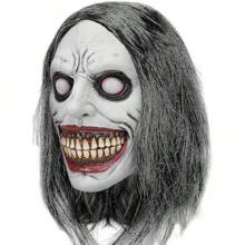 Maschera spaventosa di Ognissanti, maschera da demone sorridente, maschera da esorcista realistica e inquietante con capelli, costume da malvagio, accessorio per feste e cosplay per adulti, costumi e accessori per Ognissanti.