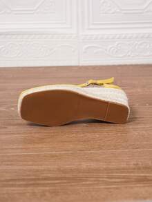 Damen Keilabsatz Sandalen, Sommer Urlaub Slip-On Runde Zehenkappe 8cm Absatz Knöchelriemen Schuhe, Komfortable geflochtene Stroh Cut Out Plateau Sandalen