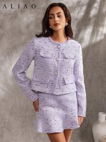 Aliao 精致亮片粗花呢外套，秋季上衣，优雅端庄的女士上衣，返校服装，秋季女装，婚礼宾客上衣 - 淡紫色 - 查看 6