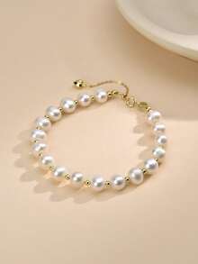 1 pieza Pulsera ajustable de plata de ley 925 con perla natural, adecuada para boda, compromiso, novia, Día de la Madre, Día de San Valentín, regalo de cumpleaños - Blanco - Ver 1