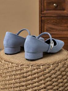 女式 3 厘米粗跟玛丽珍平底鞋，时尚百搭休闲鞋，蓝色 - 淺藍色 - 查看 7