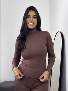 Cacharrel Women's Blouse, High Neck, Long Sleeve, Premium Ribbed, Simple, Knitted, Office - Rỉ Nâu - Xem 4