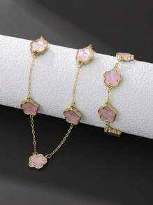 1 Set Elegant Fashionable Lucky Pink Clover Pendant Necklace & Bracelet Jewelry Set, Wedding Gift