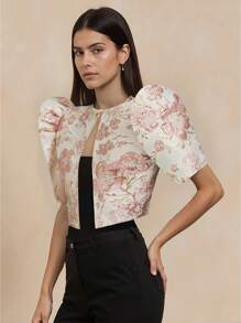 Amyenjoylife 时尚优雅提花夸张袖短款上衣 - 粉色 - 查看 5