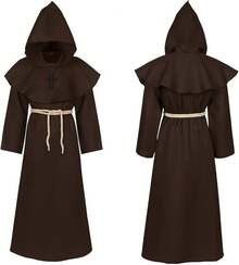 Friar Medieval Monk Robe Renaissance Priest Robe Necklace Halloween Cosplay Costume Adult Teens Long Cape - Màu Đỏ Sâu - Xem 8