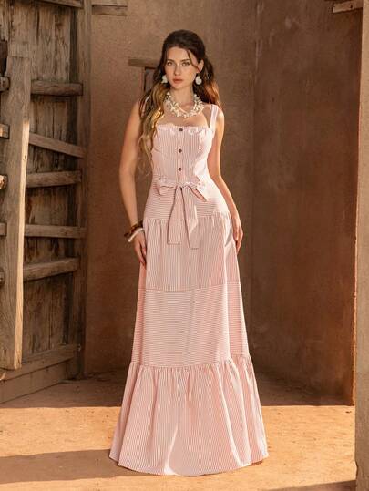 Faeriesty BohoBloom Casual Dress With Delicate Spaghetti Straps, Adjustable Buttons And Tie Waist Belt - Charming Ruffle Hem, Layered Texture, Versatile For Everyday To Vacation Wear - Perfect For Beach Strolls, Weekend Markets, Picnics, Music Festivals And More