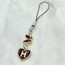 1pc Metallic Heart & Alphabet Letter A-Z Charm Phone Pendant - Black - View 33