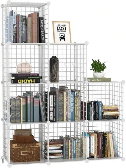 Estanteria Modular Malla Almacenamiento de 9 cubos Montaje DIY,Organizador de Almacenamiento de Cubos de Alambre con Tabique de Plástico PP ,Estantería Modular Apto para Dormitorio, Salón, Armario