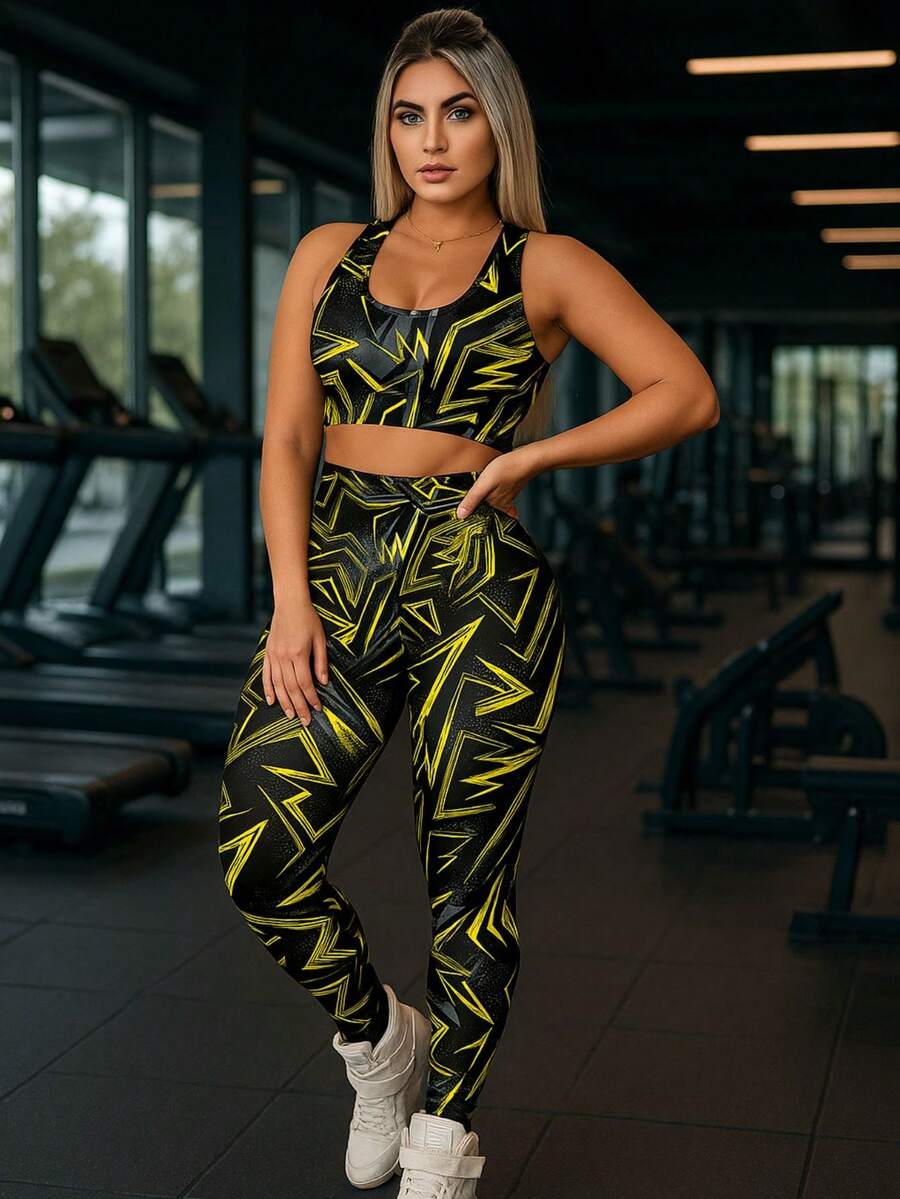 Gym Clothes Fit Top And Pants Sets - Yellow - View 1