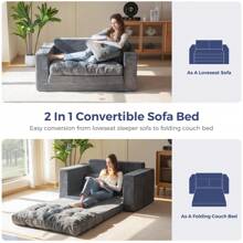 MAXYOYO Convertible Sofa Bed,Pull-Out Double Sofa Bed,2-In-1 Folding Sofa Bed Filled With High-Density Sponge,Folding Floor Sofa With Pillows,Suitable For Living Room,Bedroom,Study - 深灰色 - 查看 3