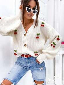 Cherry Pattern Knit Loose V-Neck Button Cardigan Jacket, Casual Autumn White - White - View 1