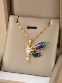 1pc Stainless Steel Fully Rhinestoned Angel Wings Luxury Necklace For Women