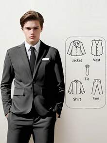 5pcs/Set Teenage Boys' Suit Set, Toddler Tuxedo Formal Wear, Ring Bearer Outfit, Wedding Suit Jacket, Vest, Pants, Shirt, Tie, Black, Size 6-16 Years - Black - View 1