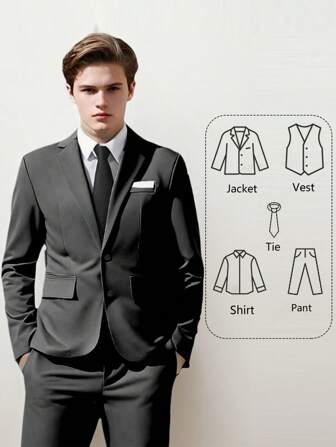 Teen Boys Suits 5-Pieces Suit Set Toddler Tuxedos Dresswear Ring Bearer Outfit Wedding Blazer Vest Pants Shirts Tie Formal Suits For Teen Boy Black Size 6-16Y