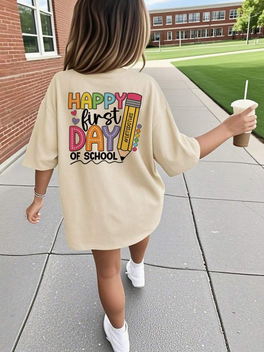 返校季女童休闲印花圆领短袖T恤，夏季学生制服——欢乐校园时光，彩色铅笔印花，时尚活力设计，激发想象力和自我表达