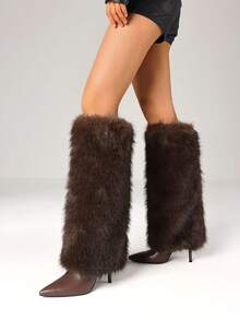 Women's Y2K Furry Fluffy Fold Over Knee High Boots Fashion Pointed Toe Stiletto High Heels Sexy Elegant Faux Fur Long Boots Woman