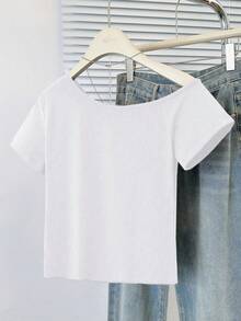 性感不对称领口短袖修身短款上衣 - 白色 - 查看 7