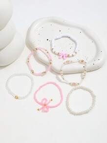 6pcs/Set Fashionable Heart & Bow Beaded Bracelet Set For Women