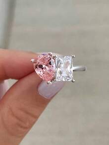 ESBERRY 1pc 925 Sterling Silver Personalized Fashion Irregular Zirconia Ring, Women's Jewelry, Exquisite Jewelry, Women's Dating Gift - Square Teardrop Pink Zirconium Ring - View 2