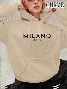 Plus Women's Letter Drawstring Pocket Hooded Sweatshirt - 杏色 - 查看 2