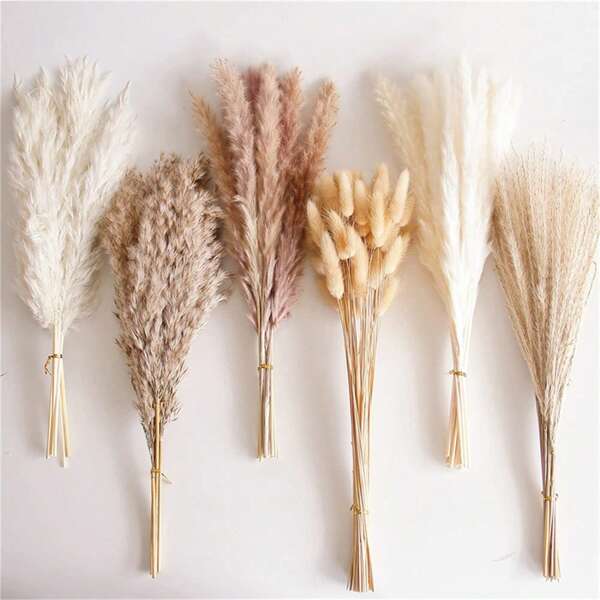 117 PCS Dried Pampas Grass Bouquet, Boho Table Decor, Bunny Tails Dried Flowers, Brown Pompas, White Pampas Grass For Wedding, Home, Rustic Party, Baby Shower Decorations