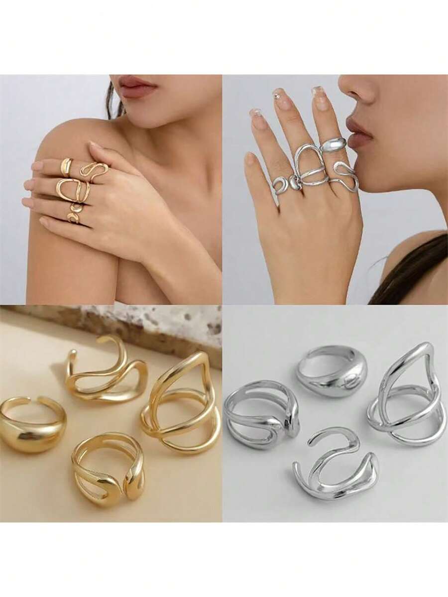 一款独特的不对称镂空造型女士戒指，带有一丝欧美风格，散发着高级时尚和夸张的感觉，非常适合日常佩戴、节日、生日、周年纪念日或街头摄影。 - 金色 - 查看 1