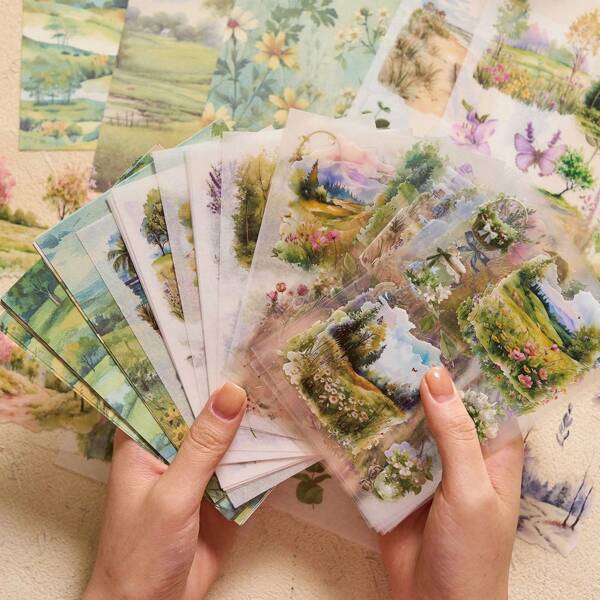 1 Book 54pcs Landscape Series Stickers Collection, Vintage Style Stickers For Scrapbooking, Planner Decorations, Office & School Supplies (4 Designs Available), Back To School