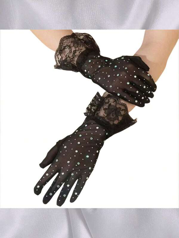 1 pieza Guantes decorados con malla de encaje, pedrería y lentejuelas, Guantes de encaje de moda elegante y vintage para adultos, se ajusta a todos los tamaños de mano, da forma hermosa a las manos, tejido en una sola pieza sin deformación, suave y amigable con la piel, elástico sin apretar, guantes de encaje elegantes perfectos con accesorios de poliéster bohemio brillante, para todas las estaciones