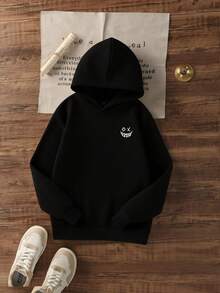 Tween Boys Casual Black Printed Thermal Lined Hooded Pullover Sweatshirt, Autumn