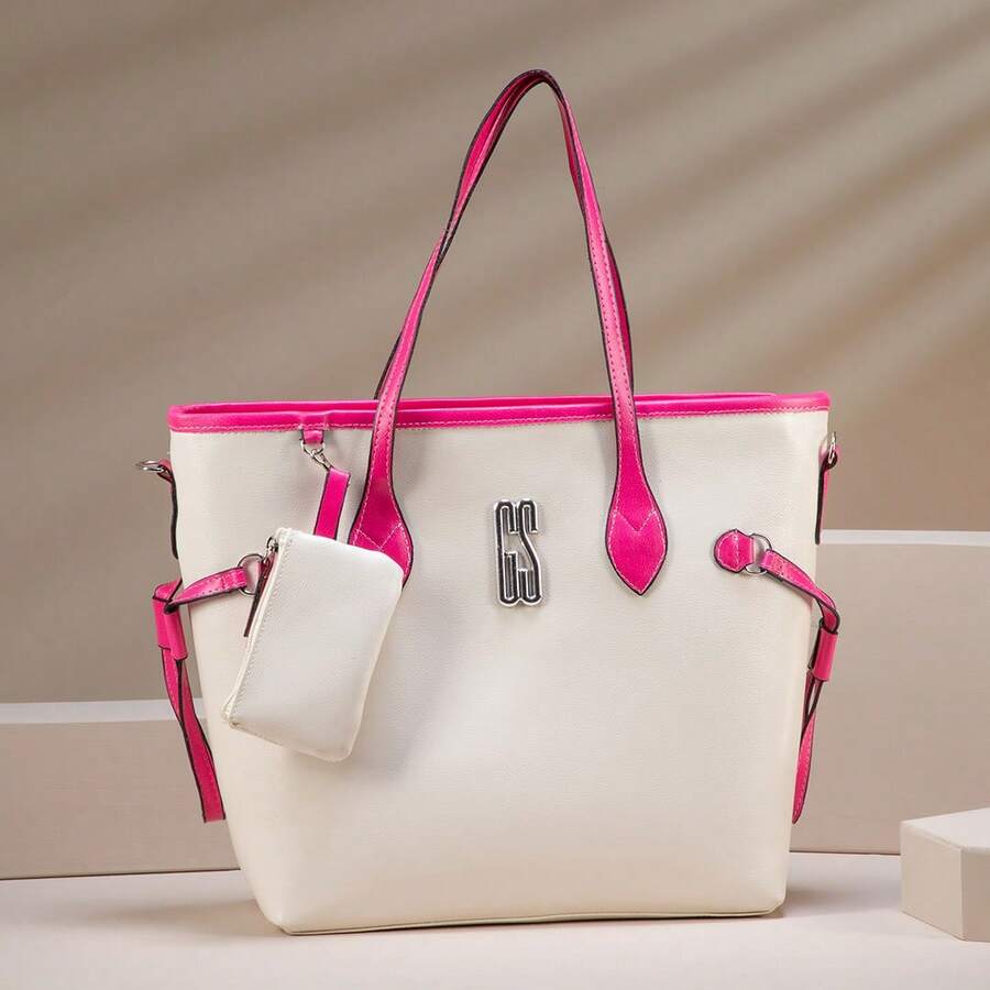 Gaby Show Women's Fashion Glamorous Bag Premium Line Chic Satin Lining + Coin Purse - 象牙色/粉紅色 - 查看 1