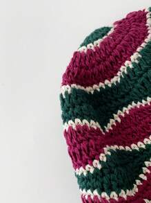 1pc Vintage Striped Handmade Hollow Out Bucket Hat, Women Summer Outdoor Sun Protection Hat, Contrast Color Stripes Handcrafted Knitted Bucket Hat, Women Autumn/Winter Outdoor Petite Size Knitted Cap, Versatile Autumn Accessories