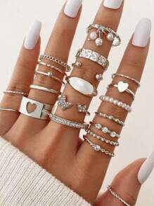 21 pièces/set Bague réglable multi-articulation avec pendentif Papillon et Cœur en fausses perles