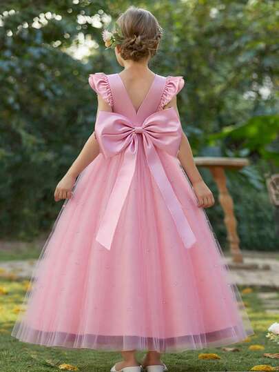 Young Girl High-End Cap Sleeve Backless Hollow Pearl Detachable Bow Princess Dress, Tulle Teenage Bridesmaid Wedding Party Evening Gown