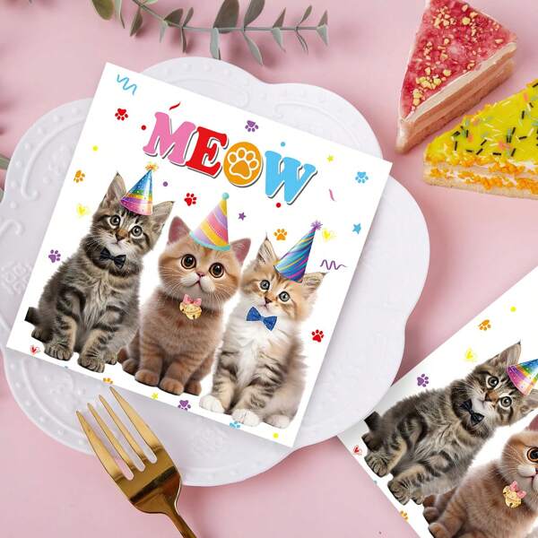20 piezas, servilletas de fiesta con patrón de gatito con tema de mascotas, servilletas de papel con patrón de gato de dibujos animados para cócteles, cenas y fiestas - desechables, celebración temática y de temporada para fiestas de cumpleaños, baby showers, reuniones familiares