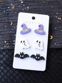 3 Pairs Halloween-Themed Acrylic Dangle Earrings With Baked Enamel Wizard Hats & Sugar Skull Pumpkin Bat Design, Cute And Fun Party Gift Earrings For Women Girls
