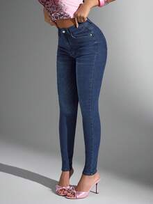 Jeanoix 高弹斜口袋休闲紧身牛仔裤 - 深色水洗藍 - 查看 1