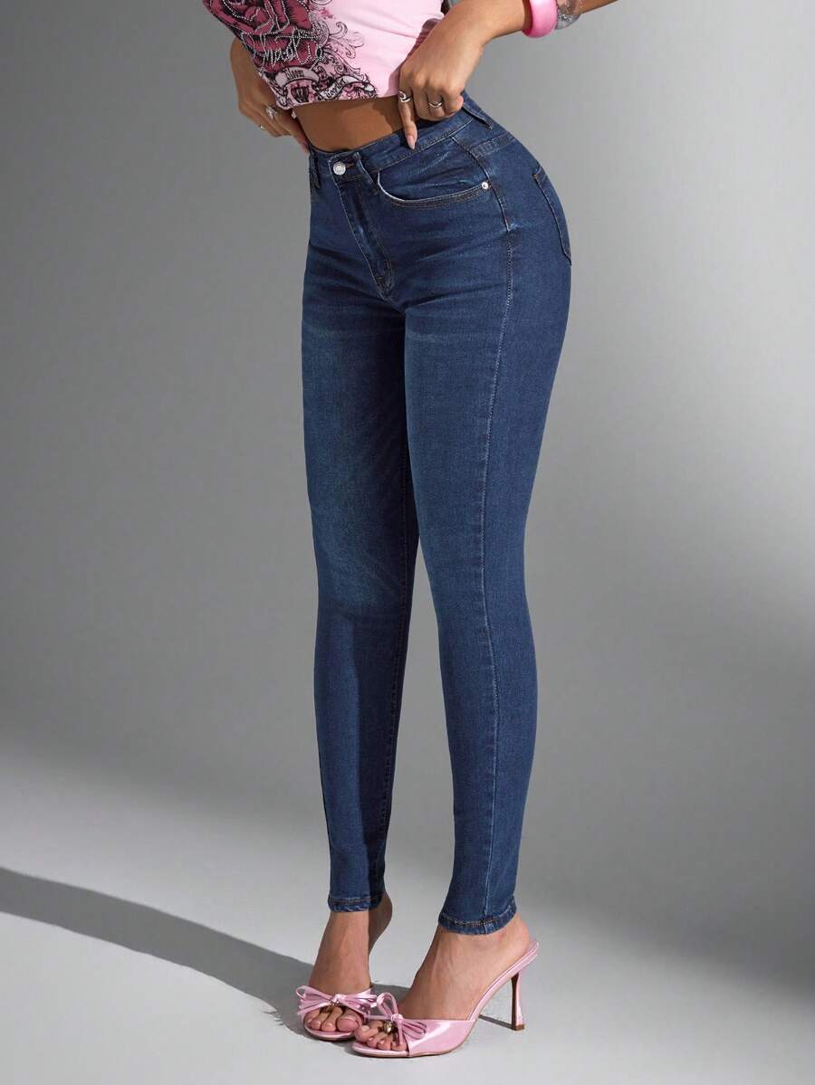 Jeanoix 高弹斜口袋休闲紧身牛仔裤 - 深色水洗藍 - 查看 1