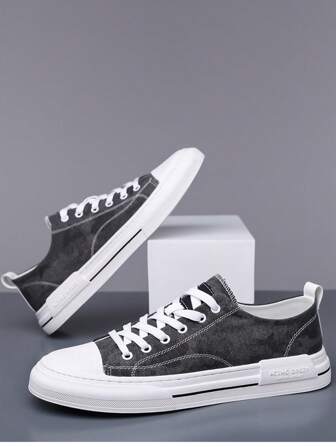 Men's Lace-Up Casual Black Canvas Shoes, Low-Top Breathable Comfortable Canvas Sneakers, Fashion Youth Skate Shoes