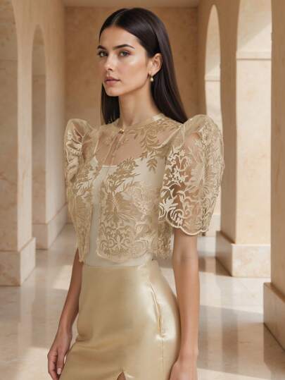 Amyenjoylife Modern Filipiniana Butterfly Sleeves Filipiniana Ladies' Spring/Summer Lace Puffed Short-Sleeved Short Cardigan Bolero Filipiniana For Women Champagne Colored Top