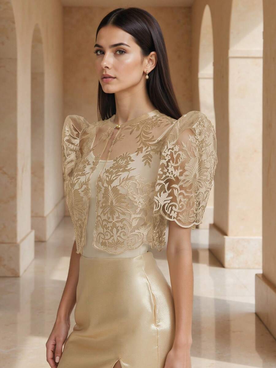 Amyenjoylife 现代菲律宾风蝴蝶袖女士春夏蕾丝泡泡袖短款开衫披肩，香槟色上衣 - 香檳色 - 查看 1